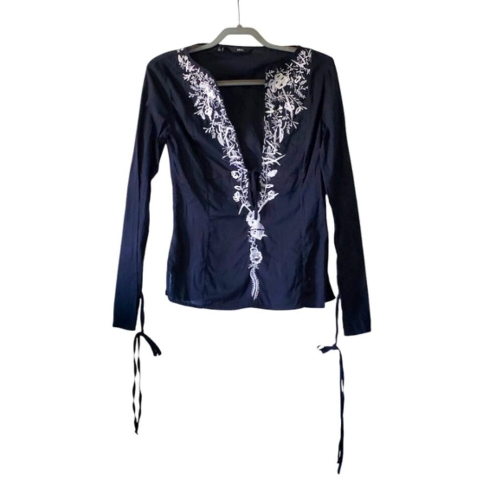 Mango Cotton Embroidered Boho Tie Front Festival Midsommer Top 6